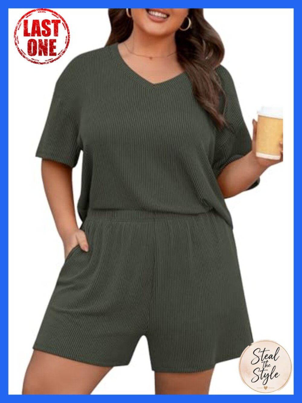 Plus Size Ribbed 2 Piece Short Set, V-Neck Top with Shorts with Pockets, Summer